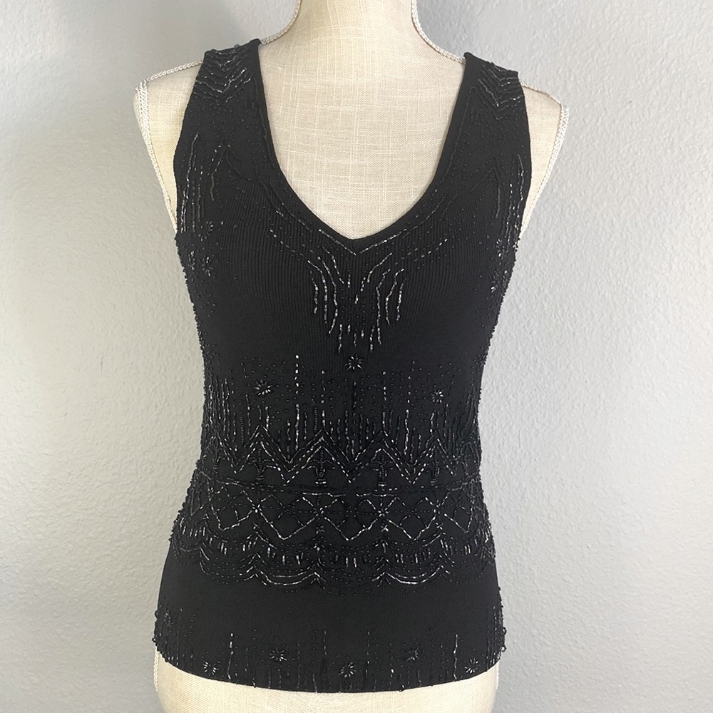 White House Black Market Black Beaded Sleeveless V-Neck Tank Top Size XS